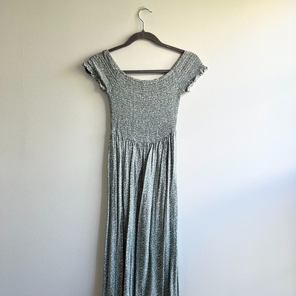 Sage green off-shoulder midi dress with white florals